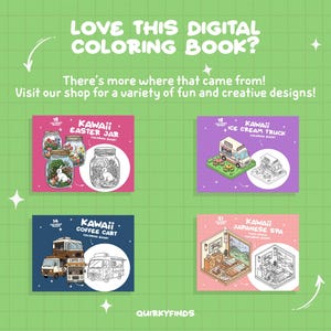 May include: Four digital coloring book covers featuring kawaii illustrations. The covers are pink, purple, blue, and peach. The illustrations include an Easter jar, an ice cream truck, a coffee cart, and a Japanese spa.