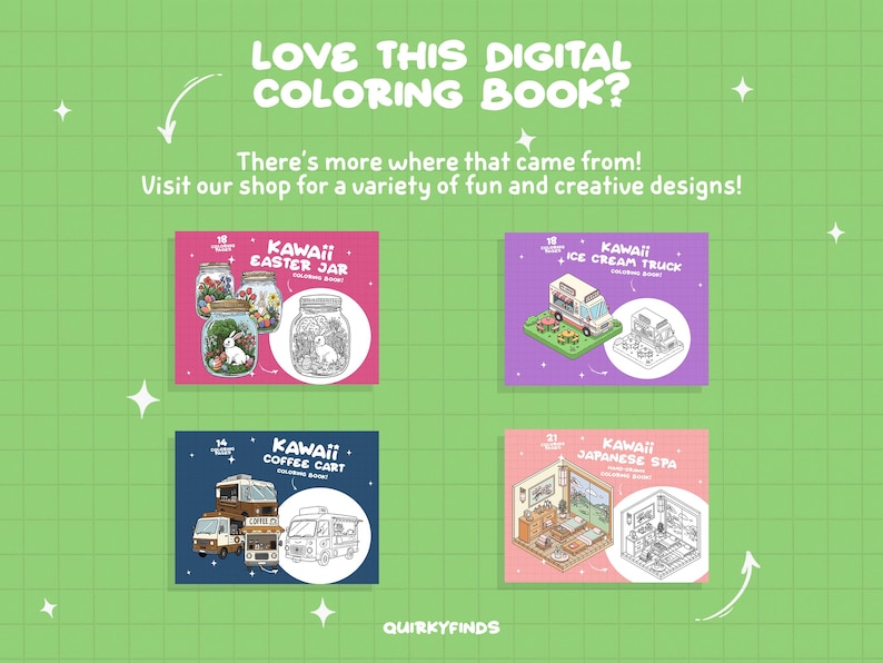 May include: Four digital coloring book covers featuring kawaii illustrations. The covers are pink, purple, blue, and peach. The illustrations include an Easter jar, an ice cream truck, a coffee cart, and a Japanese spa.