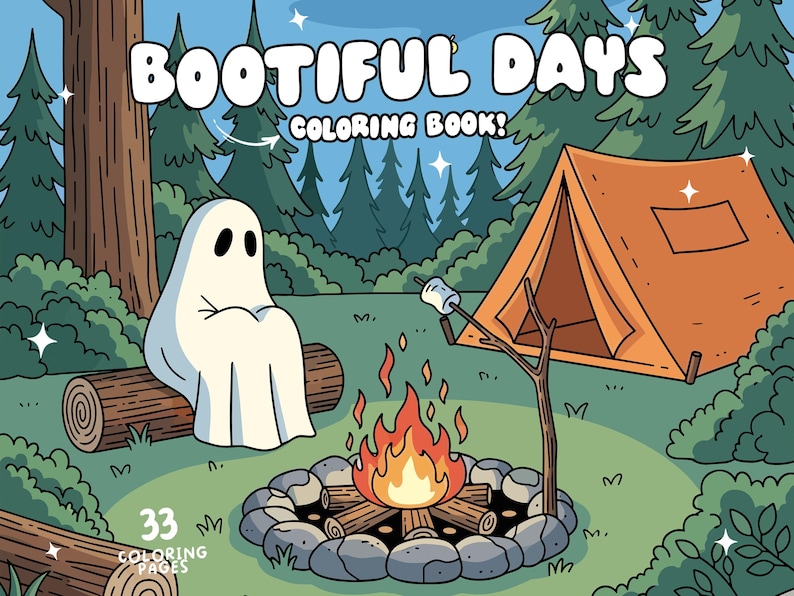 K&ouml;nnte beinhalten: Cartoon-Illustration einer Campingszene mit einem Geist, der auf einem Baumstamm sitzt, einem Lagerfeuer und einem orangefarbenen Zelt. Der Text "BOOTIFUL DAYS COLORING BOOK!" steht oben, mit "33 COLORING PAGES" unten.