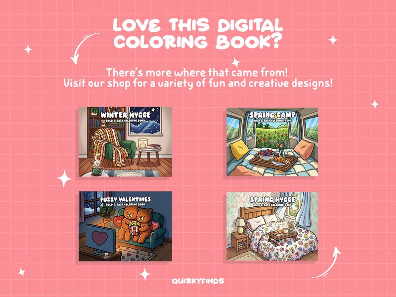 May include: A digital coloring book collection featuring four distinct scenes: a cozy winter room, a spring camper van interior, two bears watching television, and a floral bedroom. The text reads LOVE THIS DIGITAL COLORING BOOK? and QUIRKYFINDS.