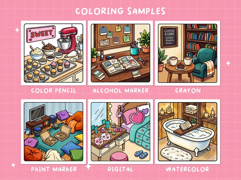 May include: A colorful illustration showcasing coloring samples with the text "COLORING SAMPLES". Each sample is labeled with the medium used: Color Pencil, Alcohol Marker, Crayon, Paint Marker, Digital, and Watercolor. The image includes scenes of baking, a desk, a coffee shop, a living room, a bedroom, and a bathroom.