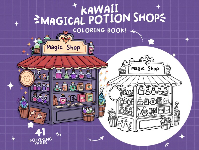 May include: A coloring page featuring a kawaii magical potion shop with a red roof, a sign that says "Magic Shop", and shelves full of colorful potion bottles. The shop is surrounded by flowers and plants. The page also includes a black and white outline of the shop for coloring.