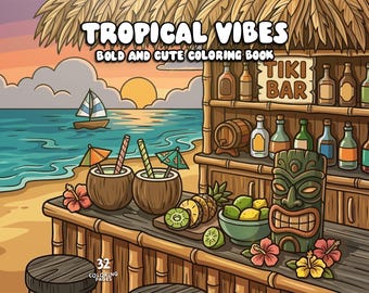 Tropical coloring pages summer coloring beach island coloring cozy relaxing coloring digital cute coloring book adult kid printable download