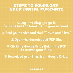 May include: A yellow background with a grid pattern and instructions in white text on how to download a digital purchase from Etsy. The steps include logging in, finding the order, and downloading files.