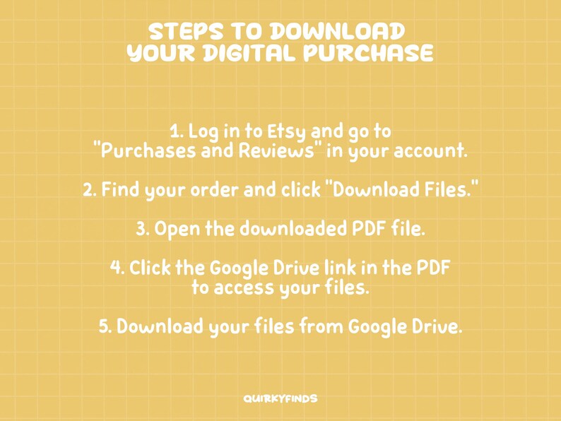 May include: A yellow background with a grid pattern and instructions in white text on how to download a digital purchase from Etsy. The steps include logging in, finding the order, and downloading files.