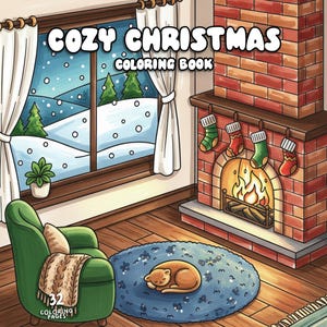 May include: A cozy Christmas-themed illustration featuring a fireplace with stockings, a snowy window, and a green armchair. The text "COZY CHRISTMAS COLORING BOOK" is displayed at the top. A cat is curled up on a blue rug.