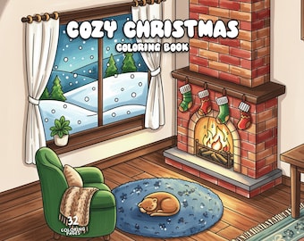 May include: A cozy Christmas-themed illustration featuring a fireplace with stockings, a snowy window, and a green armchair. The text "COZY CHRISTMAS COLORING BOOK" is displayed at the top. A cat is curled up on a blue rug.