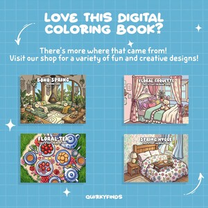 Puede incluir: Un fondo azul con el texto "LOVE THIS DIGITAL COLORING BOOK?" y "There's more where that came from! Visit our shop for a variety of fun and creative designs!". Se muestran cuatro portadas de libros para colorear digitales.