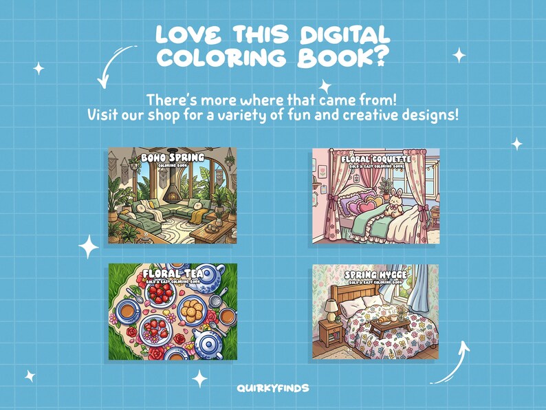 Puede incluir: Un fondo azul con el texto "LOVE THIS DIGITAL COLORING BOOK?" y "There's more where that came from! Visit our shop for a variety of fun and creative designs!". Se muestran cuatro portadas de libros para colorear digitales.