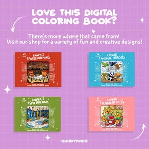 May include: A promotional image for digital coloring books. The image features four colorful book covers with the titles "Kawaii Paris Dreams", "Kawaii Animal Heroes", "Kawaii Spa Dreams", and "Kawaii Slumber Pets". The background is a light purple grid.