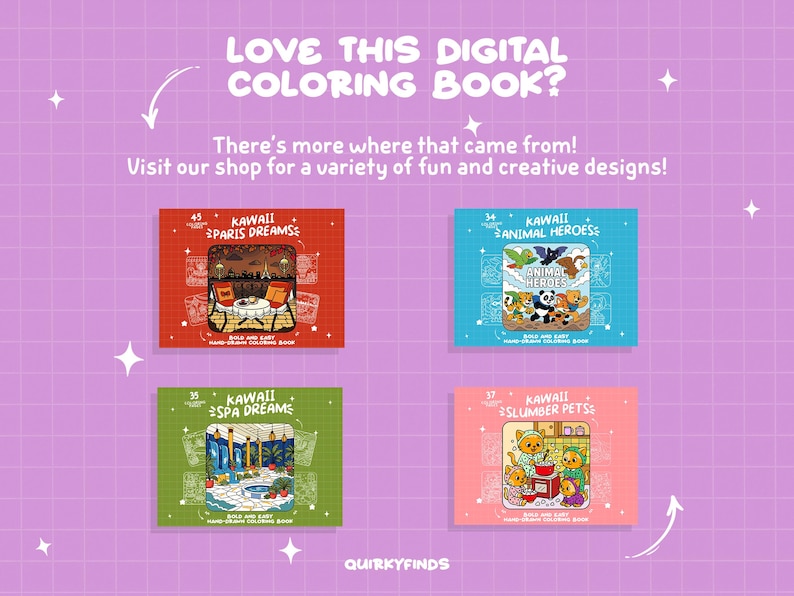 May include: A promotional image for digital coloring books. The image features four colorful book covers with the titles "Kawaii Paris Dreams", "Kawaii Animal Heroes", "Kawaii Spa Dreams", and "Kawaii Slumber Pets". The background is a light purple grid.