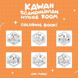 May include: A coloring book with the title "Kawaii Scandinavian Hygge Room Coloring Book!" and more! The book features six black and white illustrations of cozy living rooms with furniture and plants.