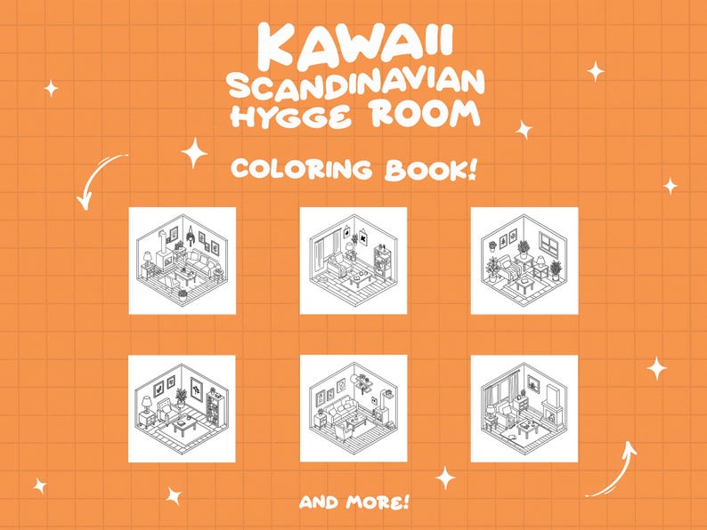 May include: A coloring book with the title "Kawaii Scandinavian Hygge Room Coloring Book!" and more! The book features six black and white illustrations of cozy living rooms with furniture and plants.