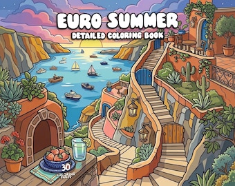Cozy summer coloring pages travel coloring detailed scenery coloring printable aesthetic coloring relaxation digital coloring book for adult