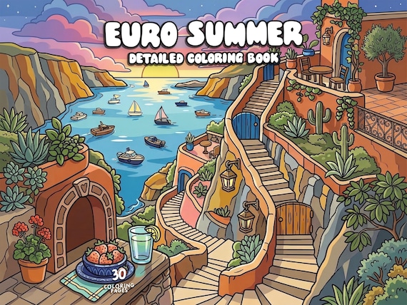 Cozy summer coloring pages travel coloring detailed scenery coloring printable aesthetic coloring relaxation digital coloring book for adult