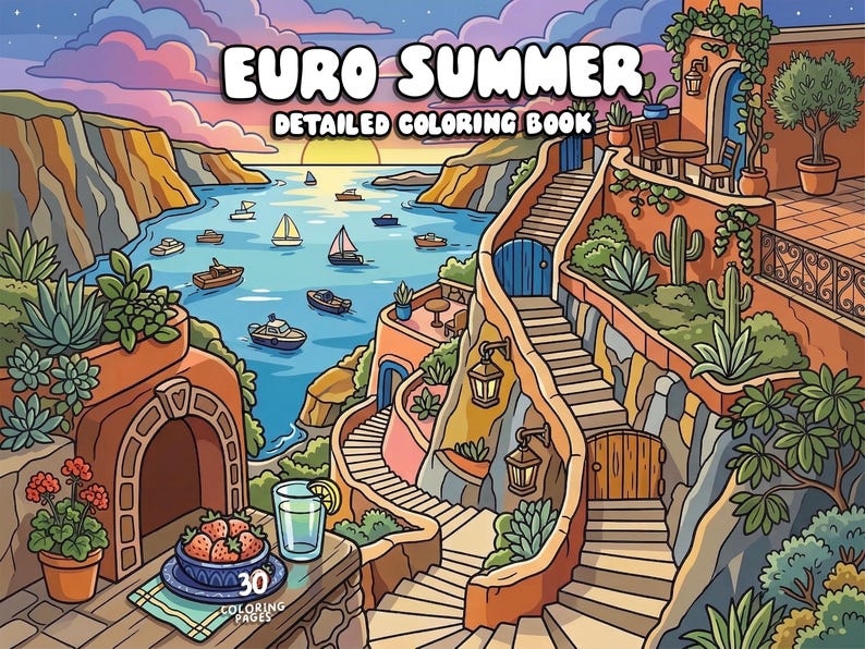 May include: A detailed coloring book titled "Euro Summer" featuring a coastal scene with boats, stairs, and buildings. The image includes a sunset, a plate of strawberries, and a glass of lemonade. The book has 30 coloring pages.