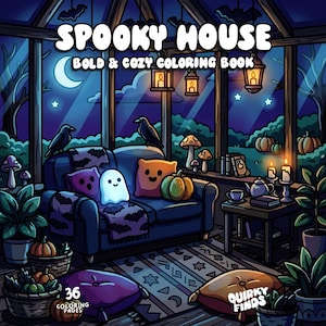 May include: A Spooky House Bold & Cozy Coloring Book with 36 coloring pages by Quirky Finds. The cover features a dark blue sofa with a glowing ghost, pumpkins, and ravens in a sunroom at night, illuminated by hanging lanterns and candles.