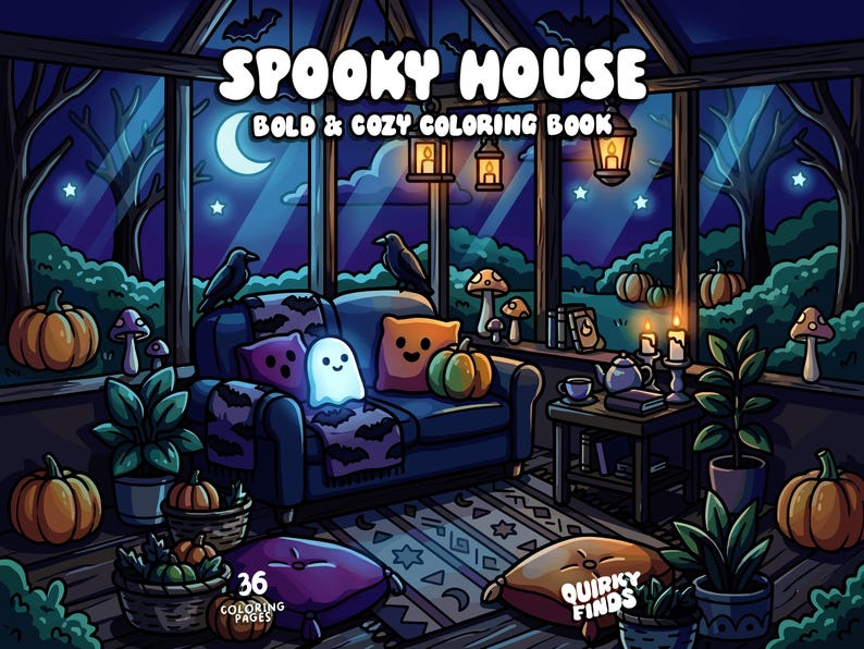May include: A Spooky House Bold & Cozy Coloring Book with 36 coloring pages by Quirky Finds. The cover features a dark blue sofa with a glowing ghost, pumpkins, and ravens in a sunroom at night, illuminated by hanging lanterns and candles.
