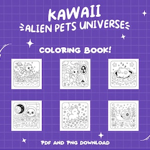 Peut inclure: Un livre de coloriage en noir et blanc avec le titre "Kawaii Alien Pets Universe Coloring Book!" et six illustrations d'adorables animaux extraterrestres. Les illustrations comprennent un dragon, un &eacute;cureuil, un chat endormi, un explorateur spatial, un cerf et un escargot.