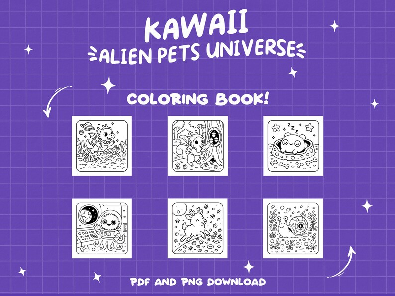 Peut inclure: Un livre de coloriage en noir et blanc avec le titre "Kawaii Alien Pets Universe Coloring Book!" et six illustrations d'adorables animaux extraterrestres. Les illustrations comprennent un dragon, un &eacute;cureuil, un chat endormi, un explorateur spatial, un cerf et un escargot.
