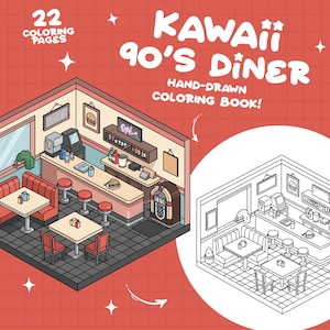 Puede incluir: Un dibujo en blanco y negro de un interior de un restaurante de los a&ntilde;os 90 con cabinas, mesas, sillas, un mostrador y una m&aacute;quina de discos. El restaurante est&aacute; vac&iacute;o y listo para ser coloreado.