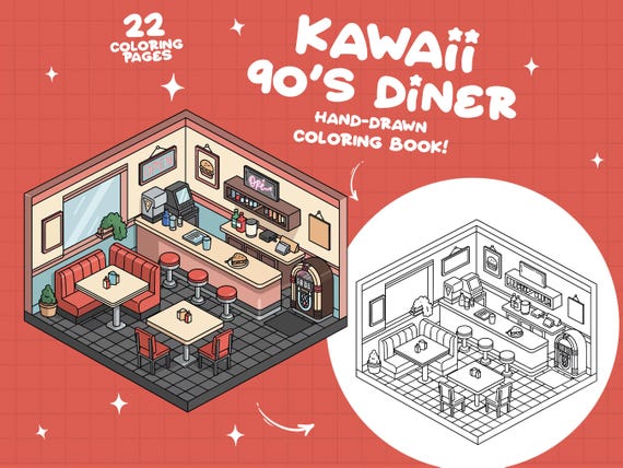 Diner Coloring Retro Coloring Book 90s Coloring 80s Nostalgia Coloring Pocket Room Interior Coloring Groovy Old School Coloring Pages Adults