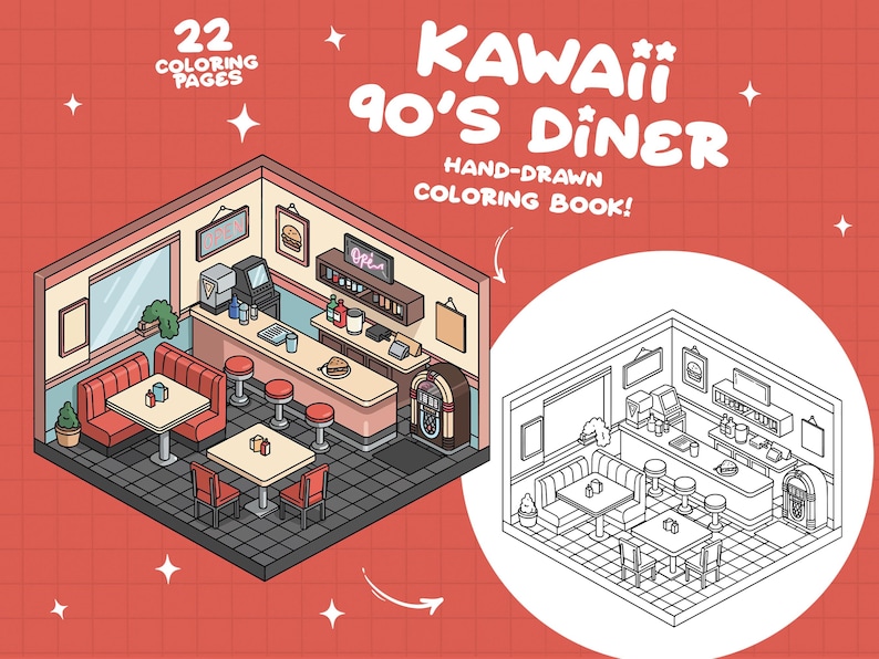 Puede incluir: Un dibujo en blanco y negro de un interior de un restaurante de los a&ntilde;os 90 con cabinas, mesas, sillas, un mostrador y una m&aacute;quina de discos. El restaurante est&aacute; vac&iacute;o y listo para ser coloreado.
