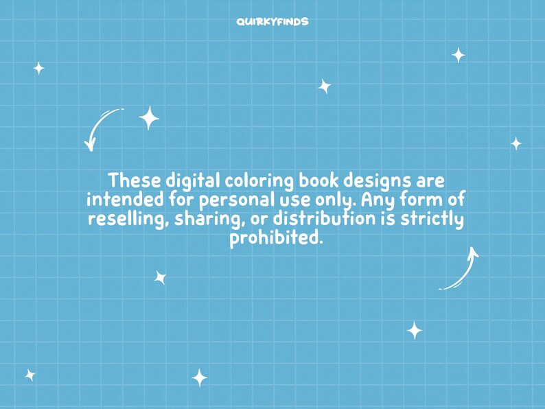 Puede incluir: Fondo azul claro con un patr&oacute;n de cuadr&iacute;cula y gr&aacute;ficos de estrellas y flechas blancas. El texto dice: "Estos dise&ntilde;os de libros para colorear digitales est&aacute;n destinados &uacute;nicamente para uso personal. Cualquier forma de reventa, intercambio o distribuci&oacute;n est&aacute; estrictamente prohibida."