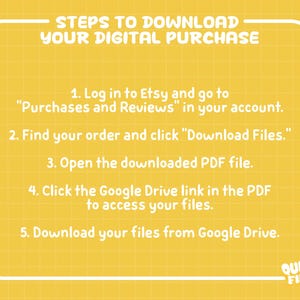 May include: A yellow digital download guide with white text. The guide provides five steps to download a digital purchase from Etsy, including logging in, finding the order, and downloading files from Google Drive. The Quirky Finds logo is in the bottom right corner.