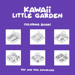 K&ouml;nnte beinhalten: Kawaii Little Garden Malbuch! Sechs Schwarzwei&szlig;illustrationen von G&auml;rten mit H&auml;usern, B&auml;umen, Blumen und Wegen. PDF- und PNG-Download.