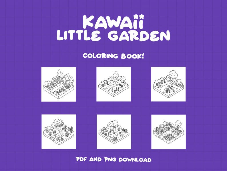 K&ouml;nnte beinhalten: Kawaii Little Garden Malbuch! Sechs Schwarzwei&szlig;illustrationen von G&auml;rten mit H&auml;usern, B&auml;umen, Blumen und Wegen. PDF- und PNG-Download.