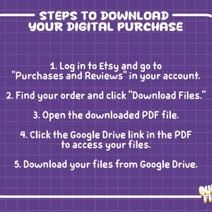 Puede incluir: Un gr&aacute;fico morado con un patr&oacute;n de cuadr&iacute;cula blanco y borde redondeado que contiene texto blanco titulado STEPS TO DOWNLOAD YOUR DIGITAL PURCHASE. Enumera cinco instrucciones numeradas para acceder a archivos a trav&eacute;s de Etsy y Google Drive, terminando con el texto QUIRKY FINDS.