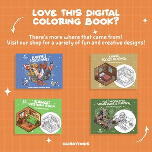 May include: Four digital colouring book covers featuring kawaii illustrations. The covers are green and feature a variety of themes, including origami, cosy rooms, western rooms, and post-apocalyptic urban ruins. The text on the covers reads "Kawaii Origami", "Kawaii Cozy Rooms", "Kawaii Western Room", and "Post-Apocalyptic Urban Ruins & Survival".