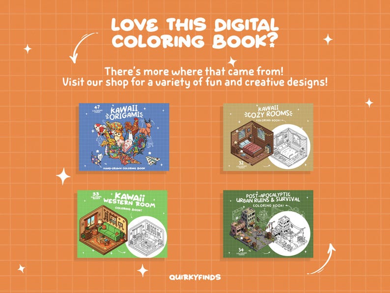 May include: Four digital colouring book covers featuring kawaii illustrations. The covers are green and feature a variety of themes, including origami, cosy rooms, western rooms, and post-apocalyptic urban ruins. The text on the covers reads "Kawaii Origami", "Kawaii Cozy Rooms", "Kawaii Western Room", and "Post-Apocalyptic Urban Ruins & Survival".