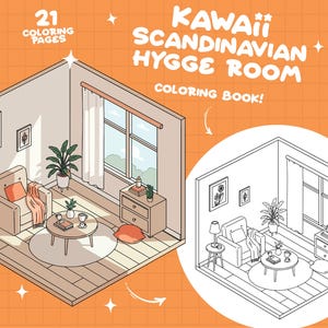 May include: A coloring book illustration of a cozy Scandinavian living room with a couch, armchair, coffee table, plants, and a window. The illustration is in black and white and is titled "Kawaii Scandinavian Hygge Room Coloring Book!"