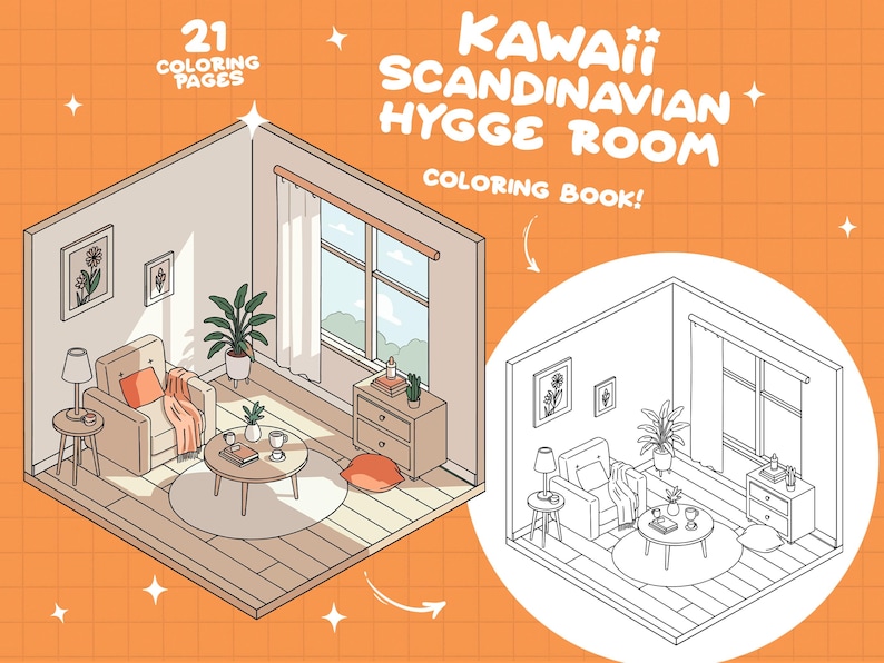 May include: A coloring book illustration of a cozy Scandinavian living room with a couch, armchair, coffee table, plants, and a window. The illustration is in black and white and is titled "Kawaii Scandinavian Hygge Room Coloring Book!"