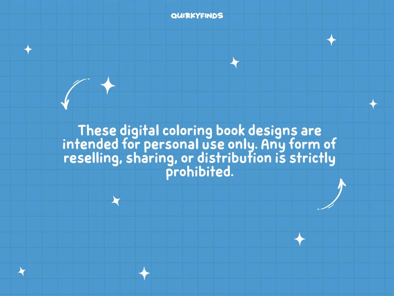 Puede incluir: Fondo azul con un patr&oacute;n de cuadr&iacute;cula, estrellas blancas y flechas curvas. El texto dice: "Estos dise&ntilde;os de libros para colorear digitales est&aacute;n destinados &uacute;nicamente para uso personal. Cualquier forma de reventa, intercambio o distribuci&oacute;n est&aacute; estrictamente prohibida."