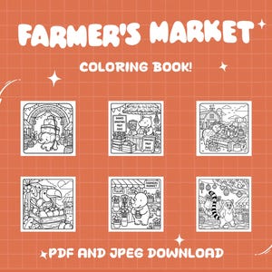 Puede incluir: Un fondo naranja con el texto "Farmer's Market Coloring Book!" e ilustraciones de animales en un mercado de agricultores. Las ilustraciones incluyen un elefante, un hipop&oacute;tamo, una vaca, un tuc&aacute;n, un rinoceronte y un mapache. Tambi&eacute;n se incluye el texto "PDF and JPEG Download".