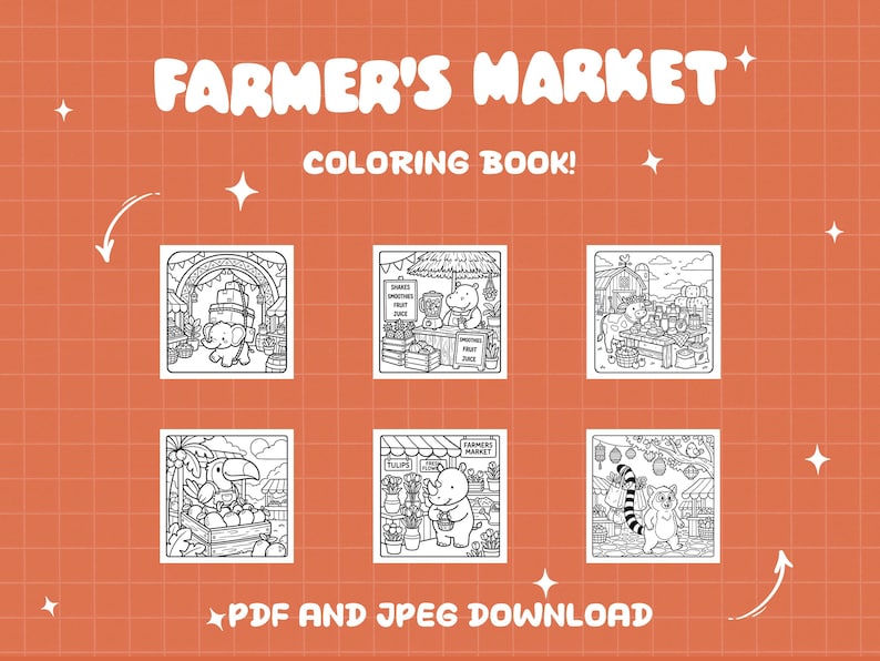 Puede incluir: Un fondo naranja con el texto "Farmer's Market Coloring Book!" e ilustraciones de animales en un mercado de agricultores. Las ilustraciones incluyen un elefante, un hipop&oacute;tamo, una vaca, un tuc&aacute;n, un rinoceronte y un mapache. Tambi&eacute;n se incluye el texto "PDF and JPEG Download".