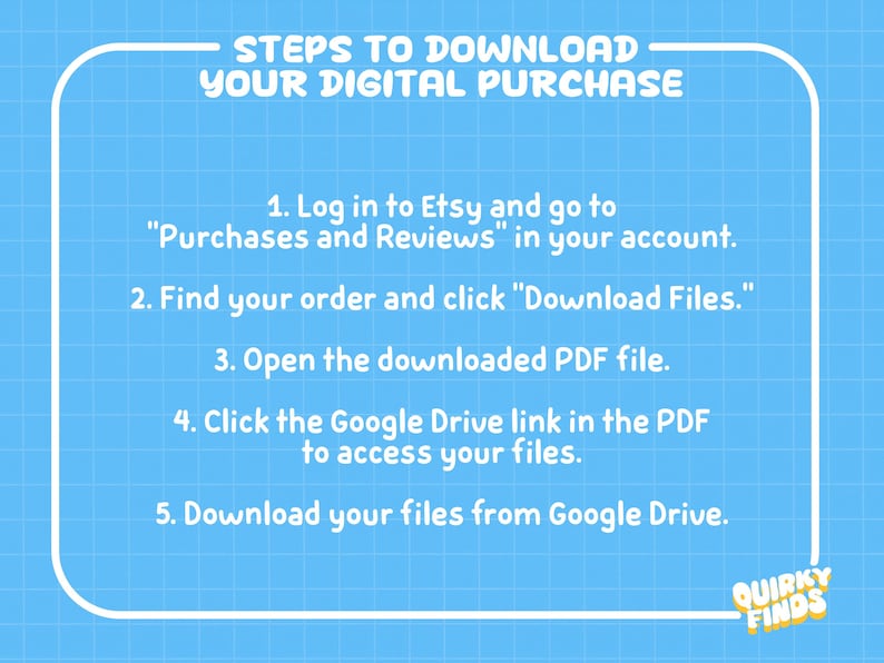 May include: A light blue graphic with white text detailing the steps to download a digital purchase from Etsy. The steps include logging in, finding the order, downloading files, and accessing Google Drive. The Quirky Finds logo is in the bottom right corner.