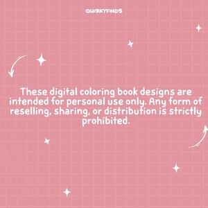 May include: Pink background with a grid pattern, white stars, and text that reads "QUIRKYFINDS." The text states that digital coloring book designs are for personal use only, and reselling, sharing, or distribution is prohibited.