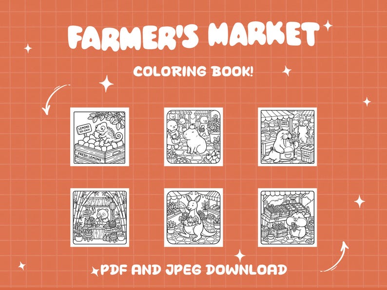 Puede incluir: Un fondo naranja con las palabras blancas "Farmer's Market Coloring Book!". Seis ilustraciones cuadradas de animales en un mercado de agricultores. El texto en la parte inferior dice "PDF and JPEG Download".