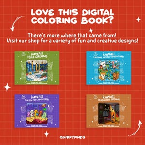 K&ouml;nnte beinhalten: Ein orangefarbener Hintergrund mit einem Rastermuster zeigt vier digitale Malbuchcover. Die Cover tragen die Titel "Kawaii Spa Dreams", "Kawaii Animal World Adventures", "Kawaii Alien Pets Universe" und "Kawaii Fashion Dreams". Der Text "Love this digital coloring book?" steht oben.