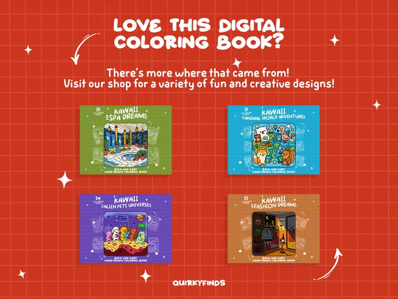 K&ouml;nnte beinhalten: Ein orangefarbener Hintergrund mit einem Rastermuster zeigt vier digitale Malbuchcover. Die Cover tragen die Titel "Kawaii Spa Dreams", "Kawaii Animal World Adventures", "Kawaii Alien Pets Universe" und "Kawaii Fashion Dreams". Der Text "Love this digital coloring book?" steht oben.