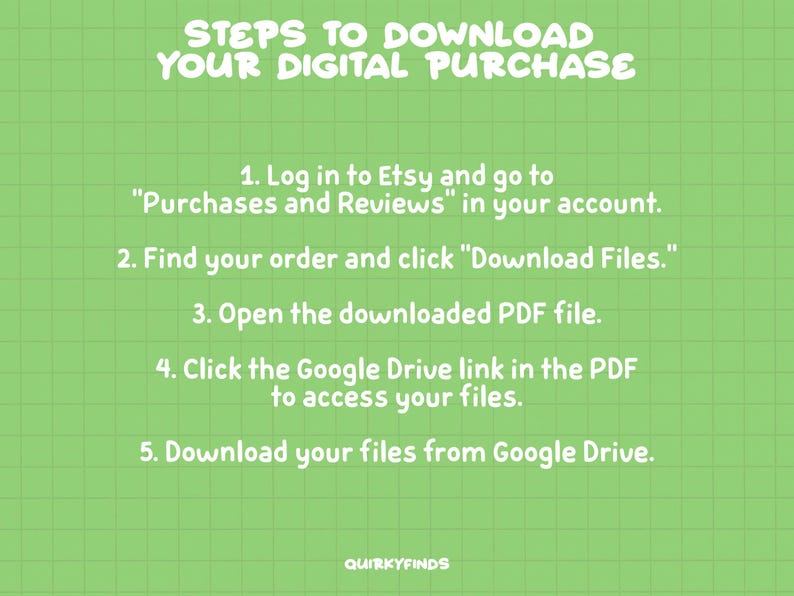 May include: Green grid background with white text outlining five steps to download a digital purchase from Etsy. The steps include logging into Etsy, finding your order, downloading files, opening a PDF file, and downloading files from Google Drive.