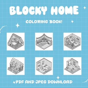 K&ouml;nnte beinhalten: Blauer Hintergrund mit den wei&szlig;en Worten "BLOCKY HOME COLORING BOOK!" und sechs schwarz-wei&szlig;en isometrischen Illustrationen von R&auml;umen. Der Text "PDF AND JPEG DOWNLOAD" befindet sich unten.
