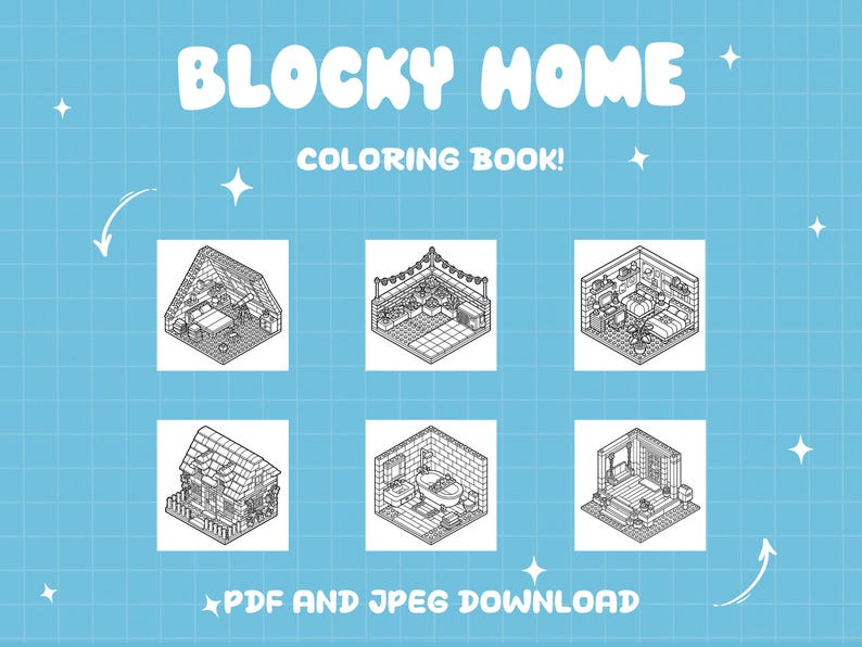 K&ouml;nnte beinhalten: Blauer Hintergrund mit den wei&szlig;en Worten "BLOCKY HOME COLORING BOOK!" und sechs schwarz-wei&szlig;en isometrischen Illustrationen von R&auml;umen. Der Text "PDF AND JPEG DOWNLOAD" befindet sich unten.