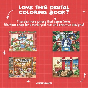 Puede incluir: Fondo rojo con texto blanco que dice "LOVE THIS DIGITAL COLORING BOOK?" y "There's more where that came from! Visit our shop for a variety of fun and creative designs!" Se muestran cuatro ilustraciones de libros para colorear.