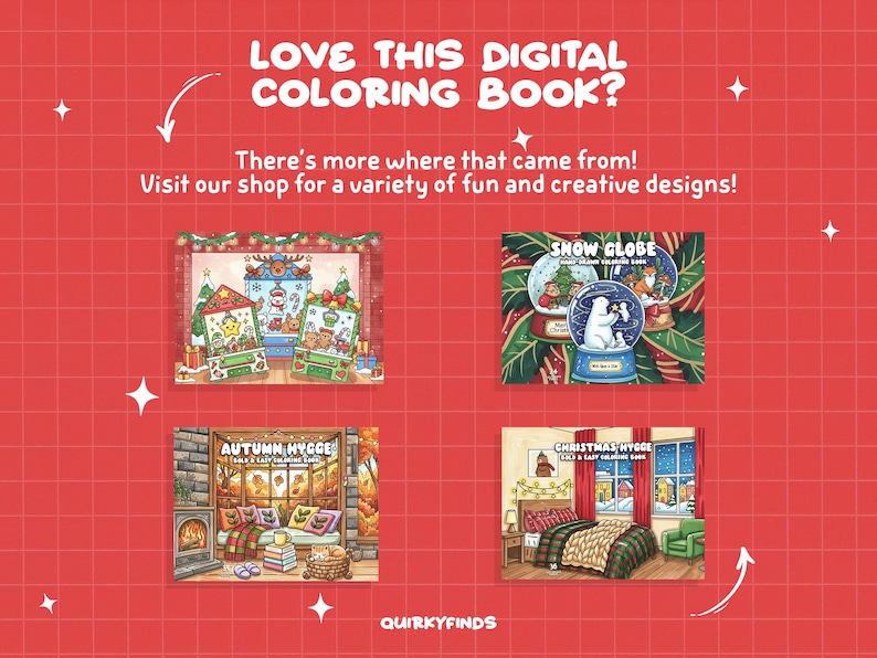 Puede incluir: Fondo rojo con texto blanco que dice "LOVE THIS DIGITAL COLORING BOOK?" y "There's more where that came from! Visit our shop for a variety of fun and creative designs!" Se muestran cuatro ilustraciones de libros para colorear.