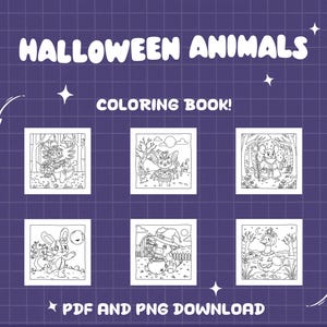 May include: A purple background with the words "HALLOWEEN ANIMALS" and "COLORING BOOK!" in white. The image features six black and white illustrations of Halloween-themed animals. The text "PDF AND PNG DOWNLOAD" is at the bottom.